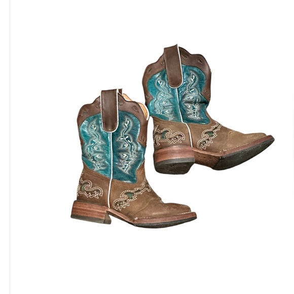 RedHawk Boot Co. Kids Wide Square Toe Cowgirl Boots in Turquoise/Brown size 2 - Picture 6 of 10